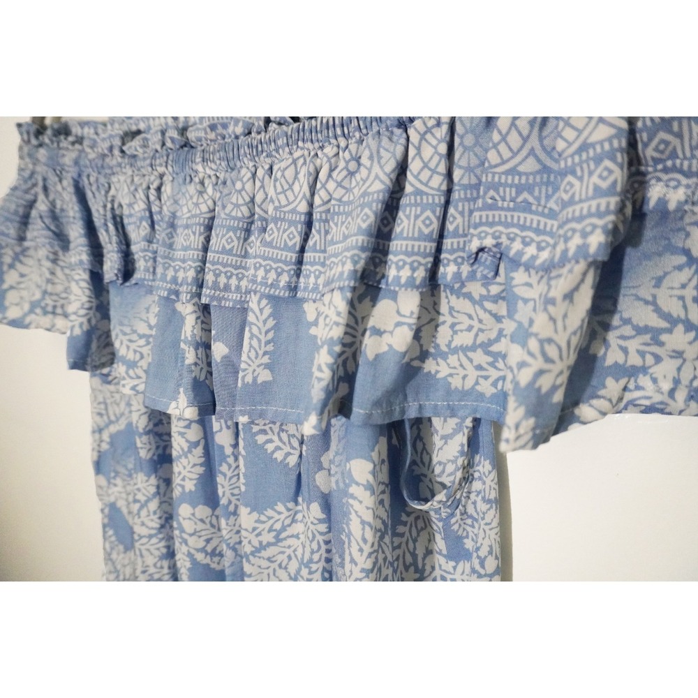 NWT Blue Milkmaid Cottage Cropped Blouse Off Shoulder Prairie Ruffle Sleeve M - Picture 5 of 8